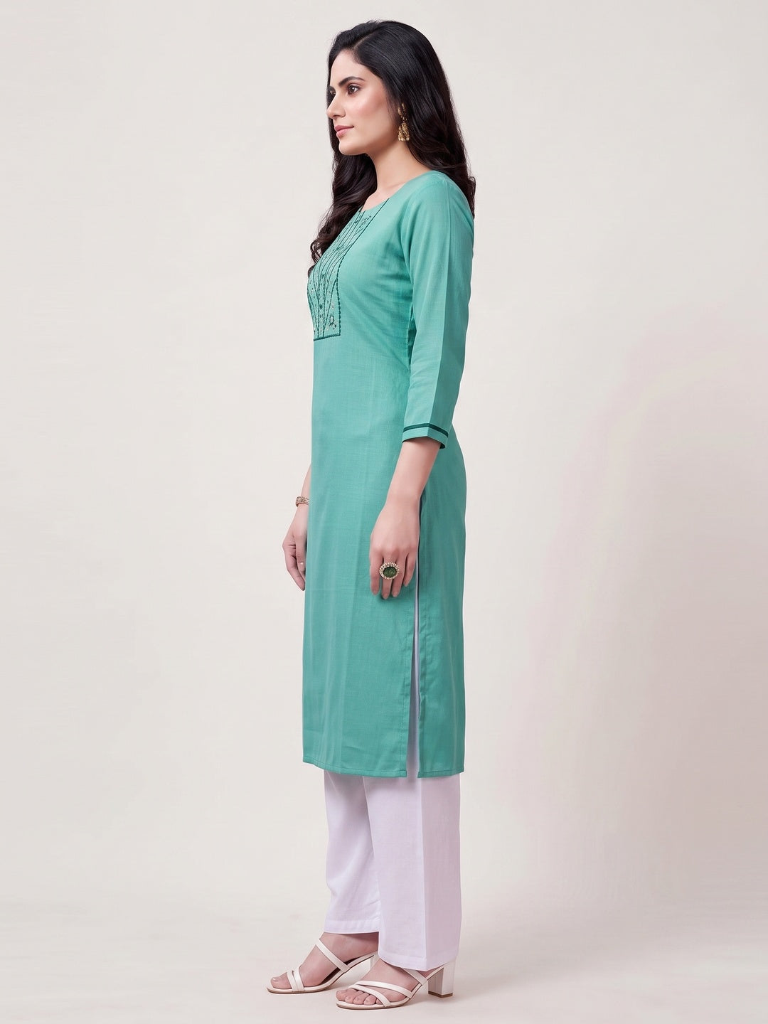 Turquoise Yoke Embroidered Pure Cotton Straight Kurti - Image 3