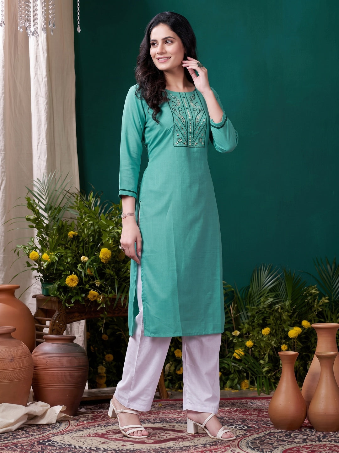Turquoise Yoke Embroidered Pure Cotton Straight Kurti - Image 4