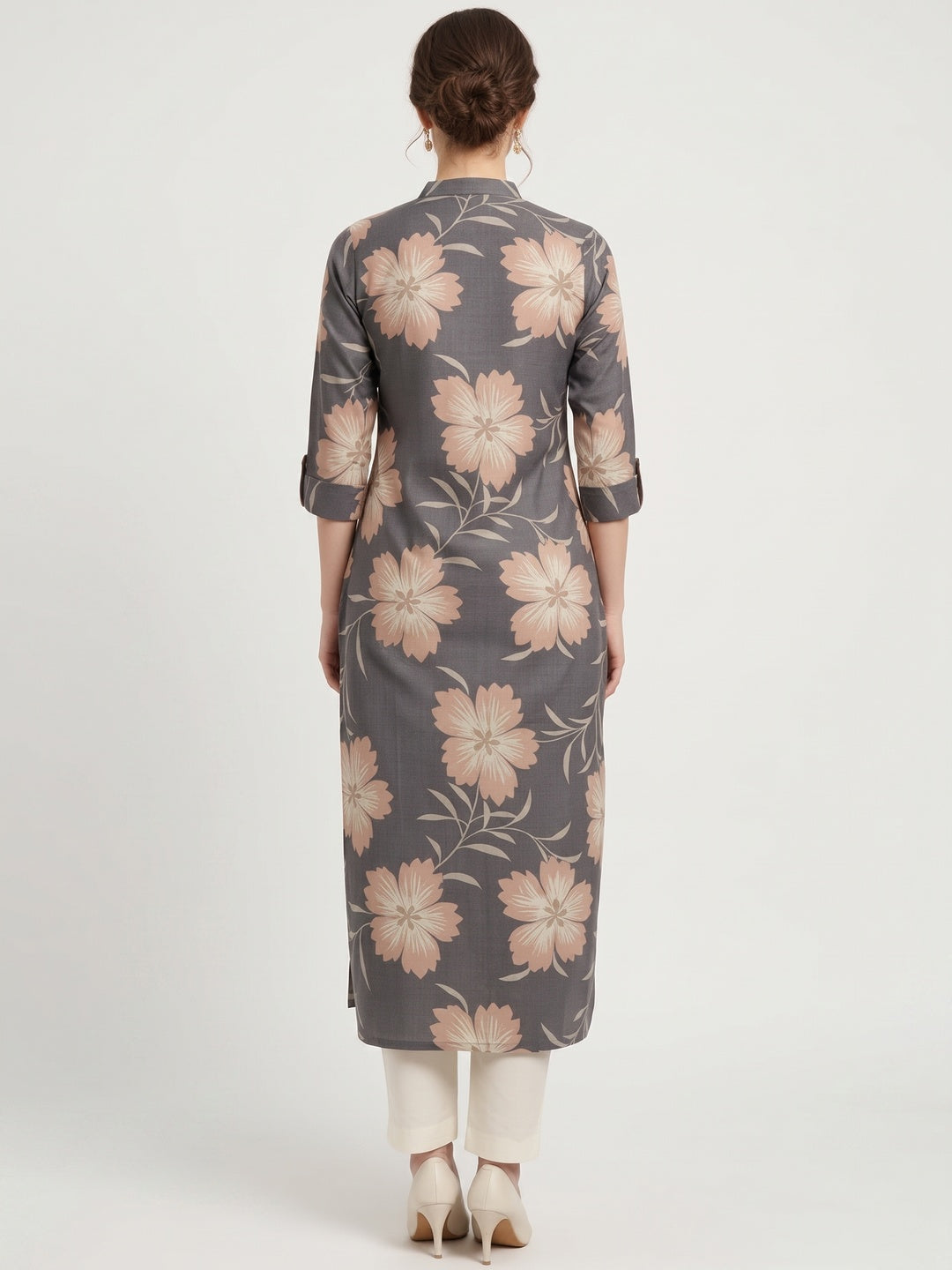 Chic Light Grey Straight Cut Kurti In Linen Vatican With Floral Print Detailing - Image 2