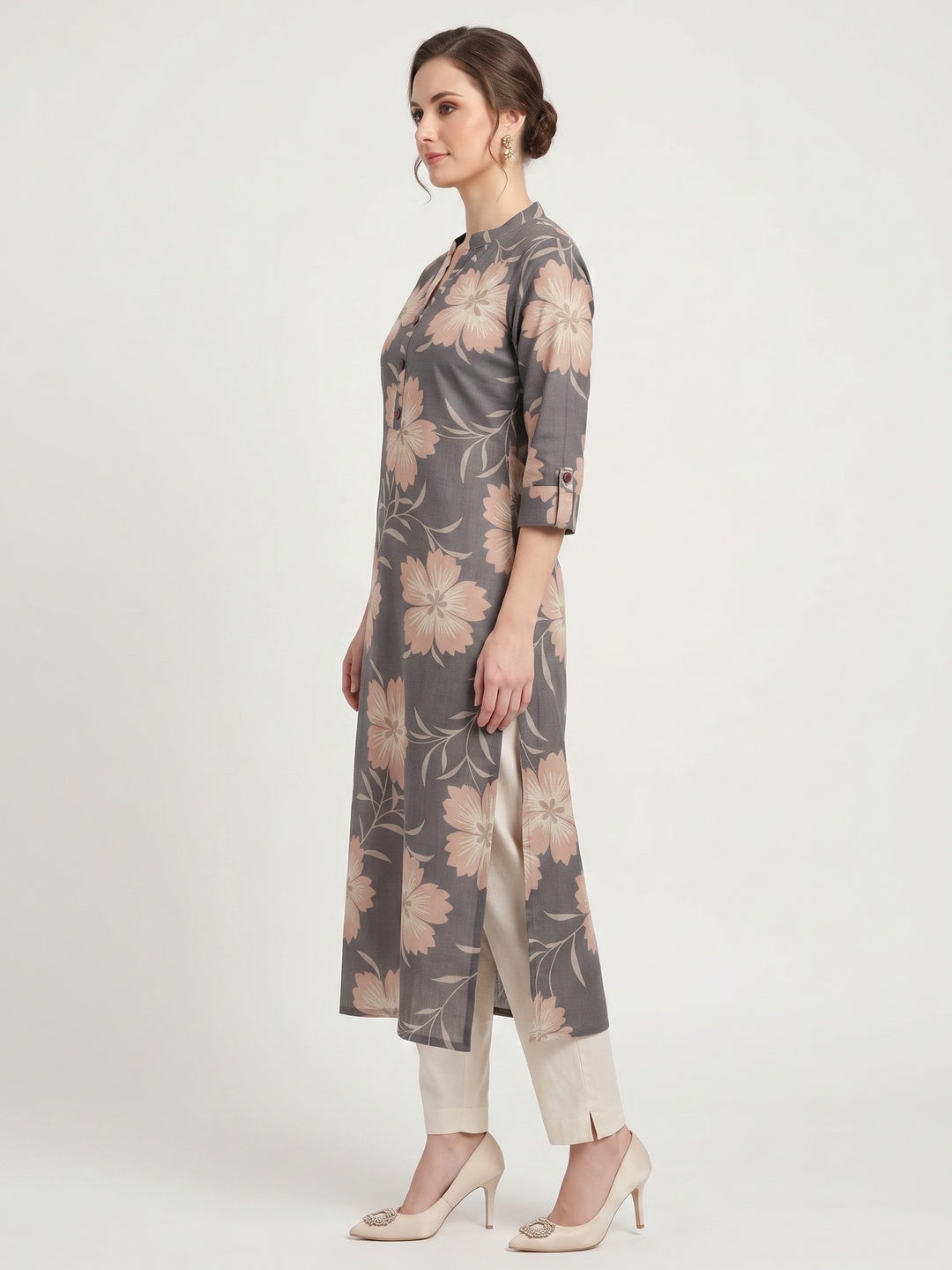 Chic Light Grey Straight Cut Kurti In Linen Vatican With Floral Print Detailing - Image 3