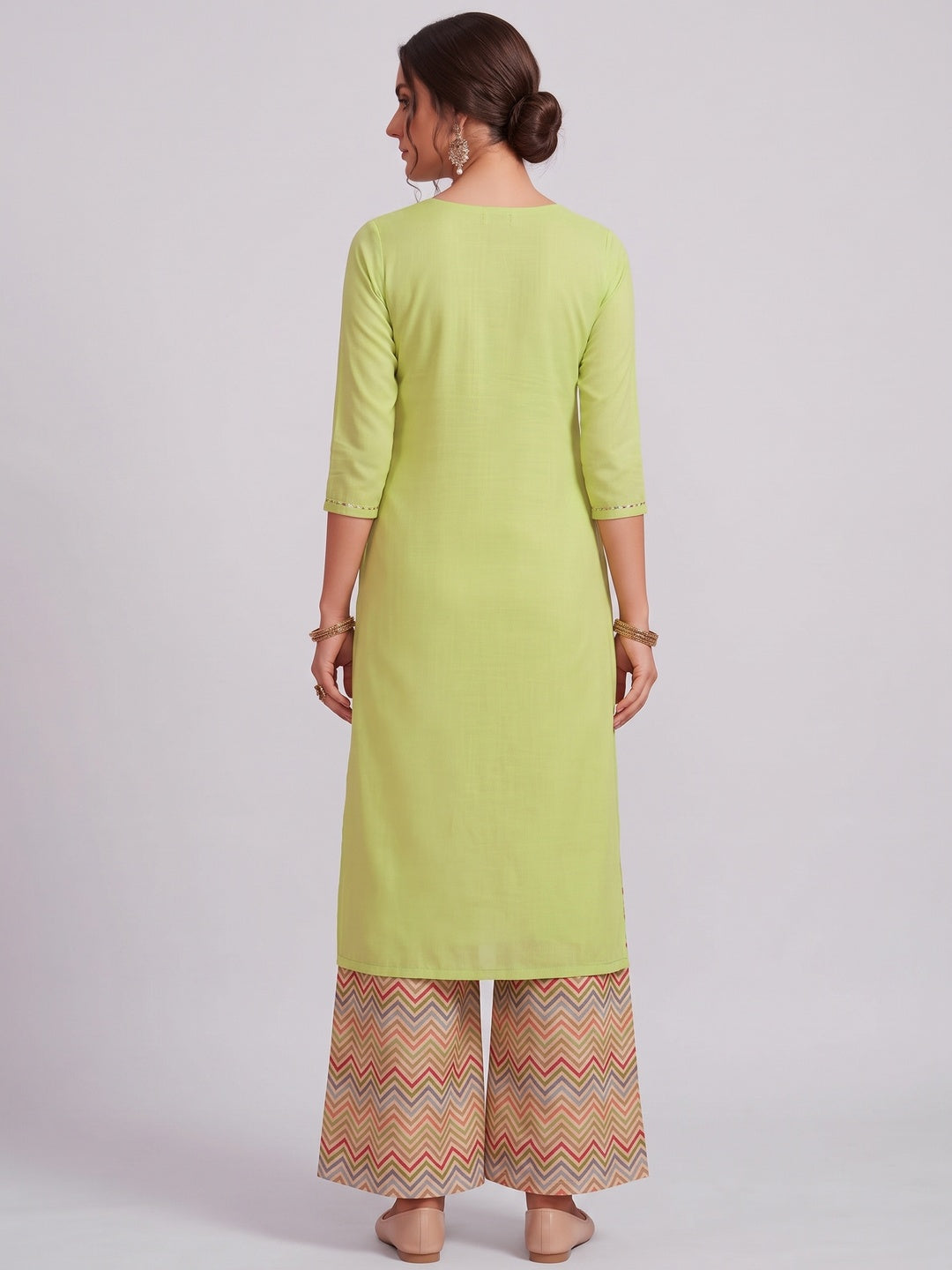 Breathtaking Bright Green Colored Partywear Embroidered Pure Muslin-Silk Kurti-Palazzo Set - Image 2