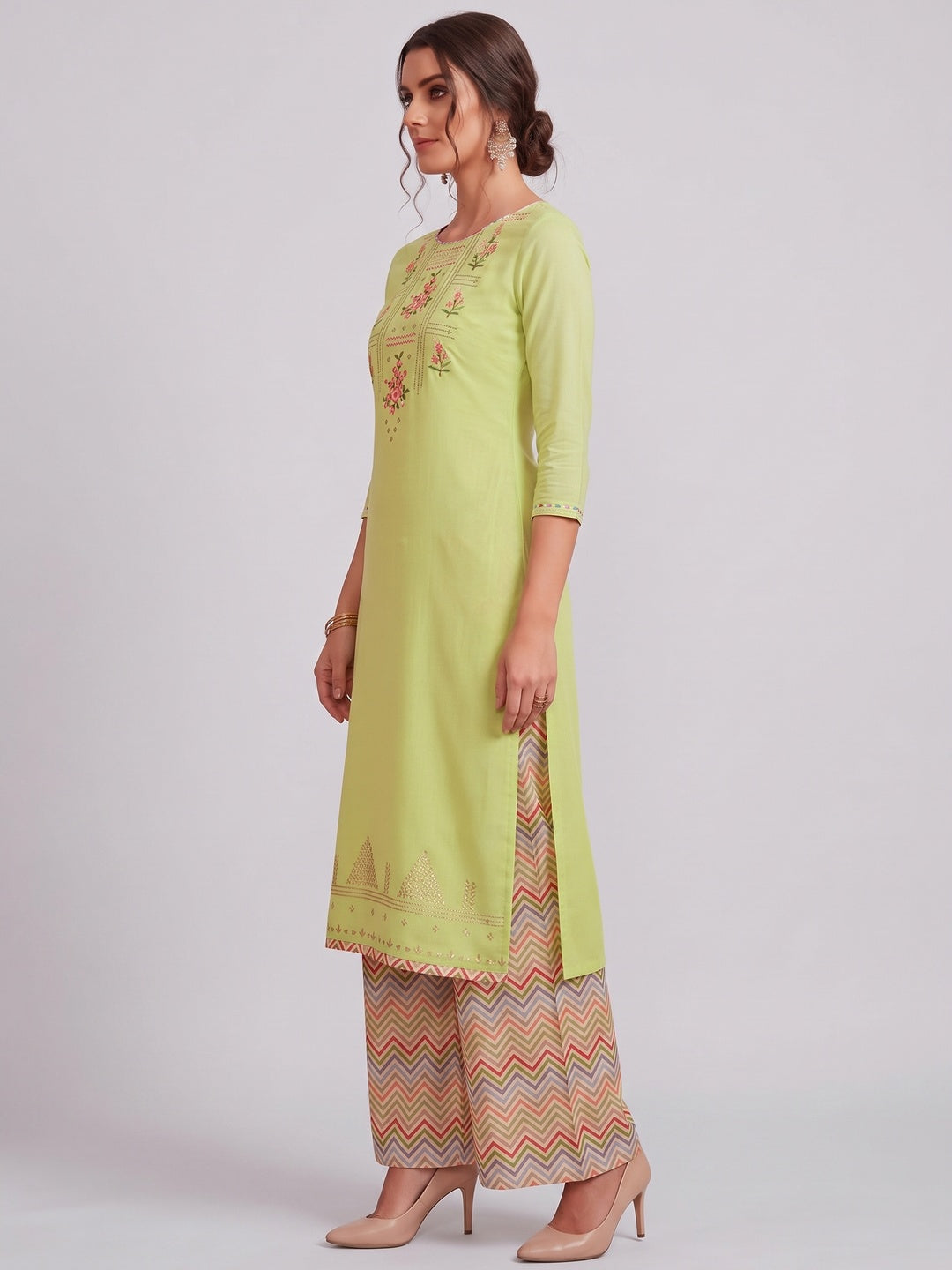 Breathtaking Bright Green Colored Partywear Embroidered Pure Muslin-Silk Kurti-Palazzo Set - Image 3