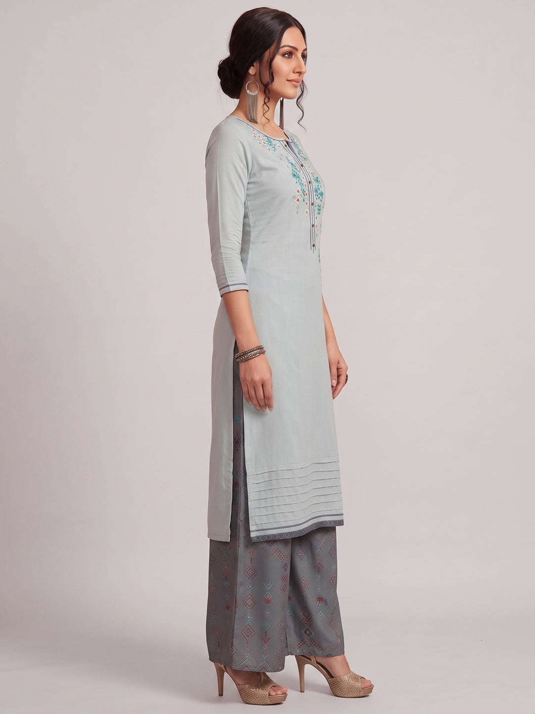 Pleasance Light Blue Colored Partywear Embroidered Pure Muslin-Silk Kurti-Palazzo Set - Image 3