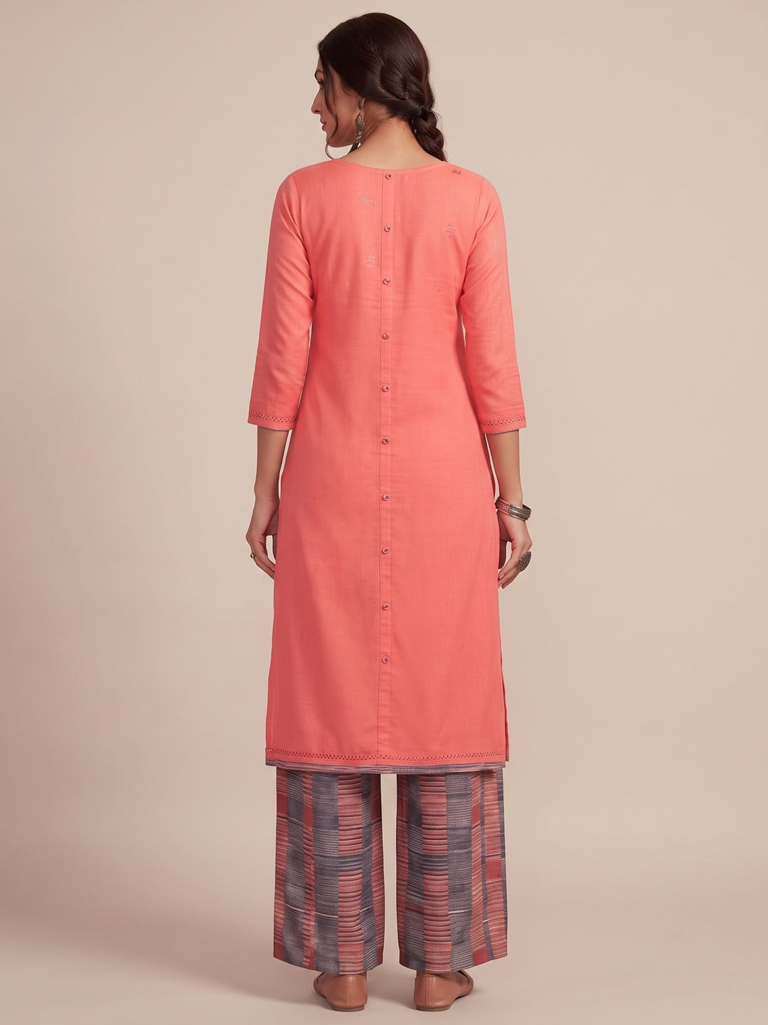 Ethnic Pink Colored Partywear Embroidered Pure Muslin-Silk Kurti-Palazzo Set - Image 2