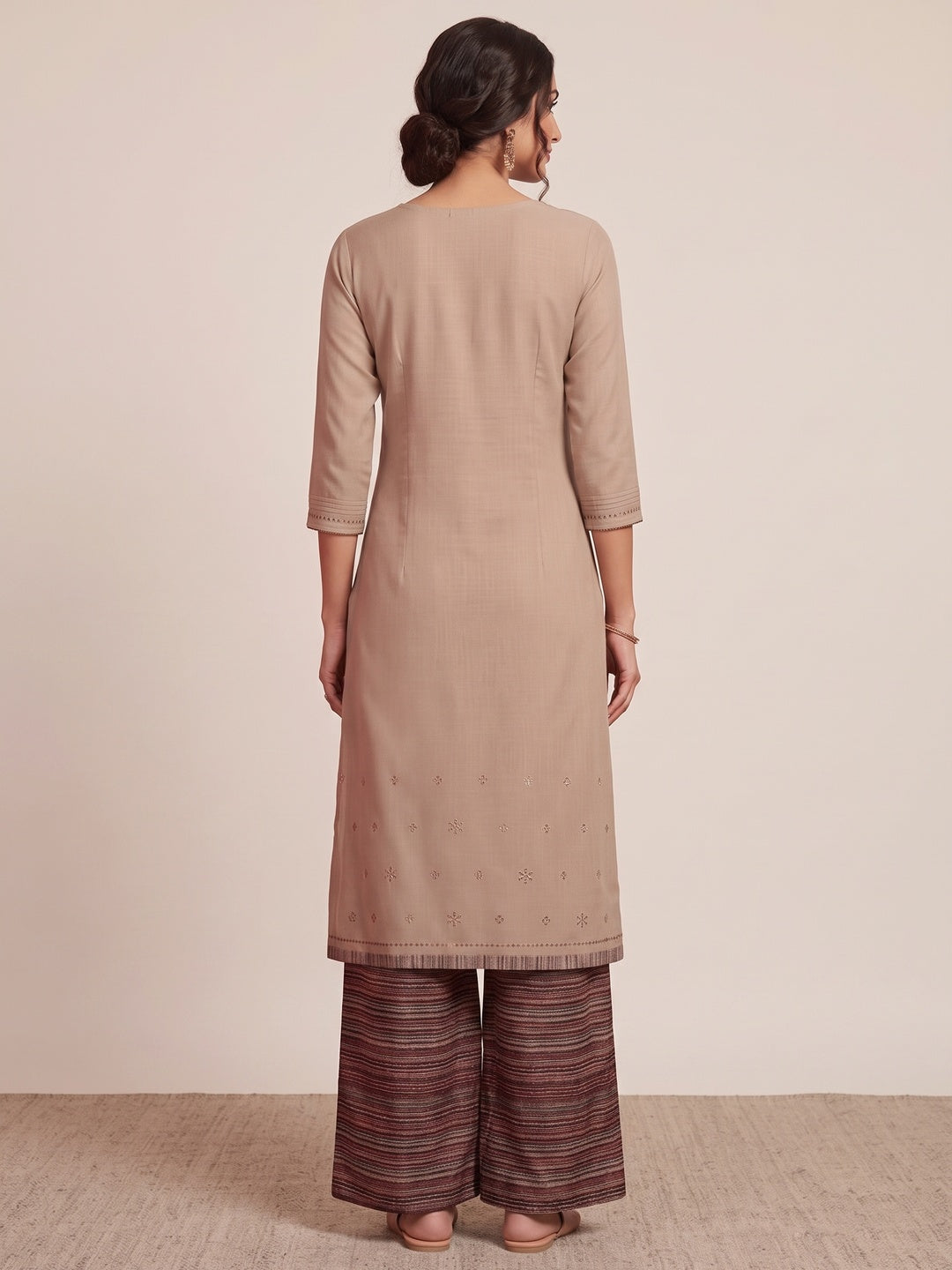 Mesmerising Beige Colored Partywear Embroidered Pure Muslin-Silk Kurti-Palazzo Set - Image 2