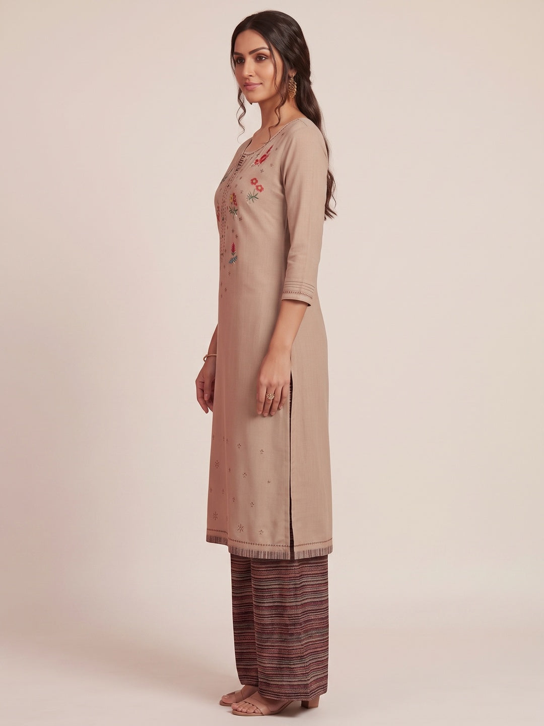 Mesmerising Beige Colored Partywear Embroidered Pure Muslin-Silk Kurti-Palazzo Set - Image 3