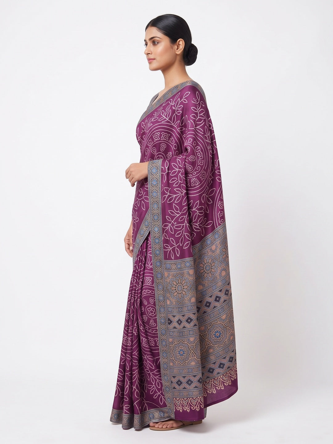 Purple Moss Satin Silk Saree Featuring Bandhani Print & Ajrakh Pallu Work - Image 3