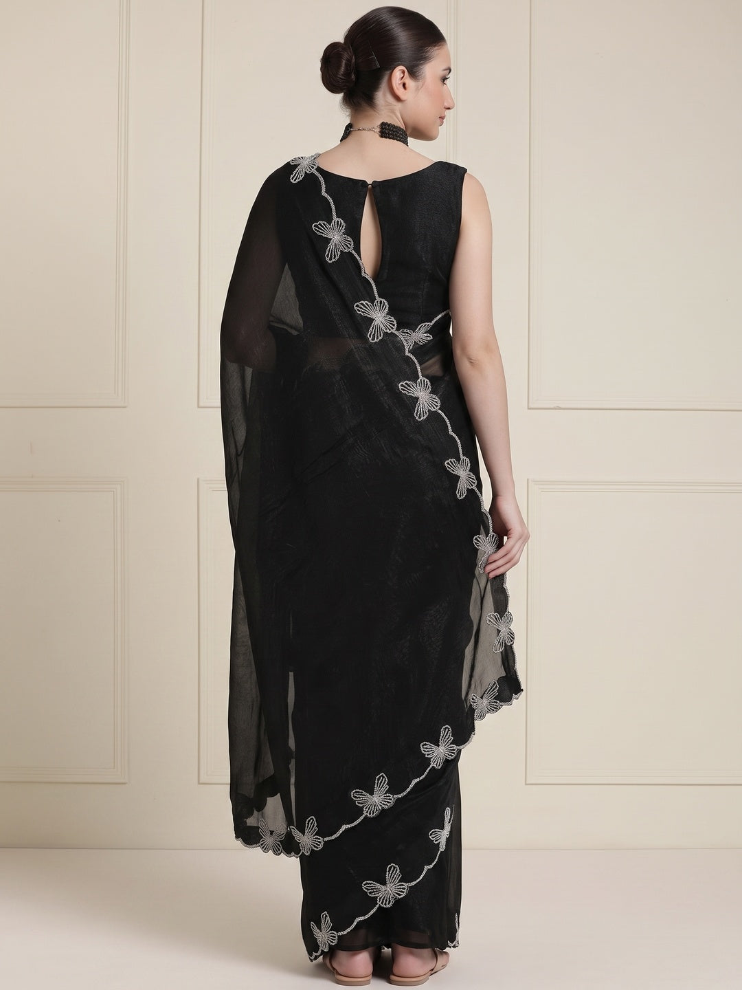 Elegant Black Satin Saree with Delicate Embellished Border - Image 6