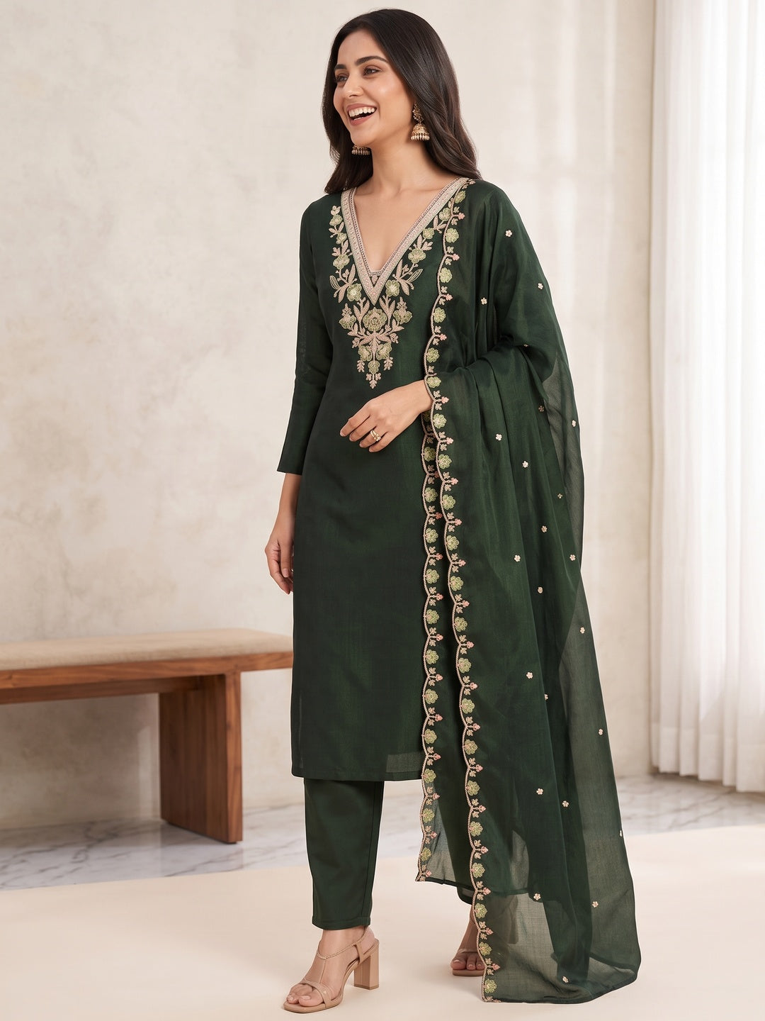 Peachmode Green Vichitra Silk Dress Material with Floral Embroidery - Image 8