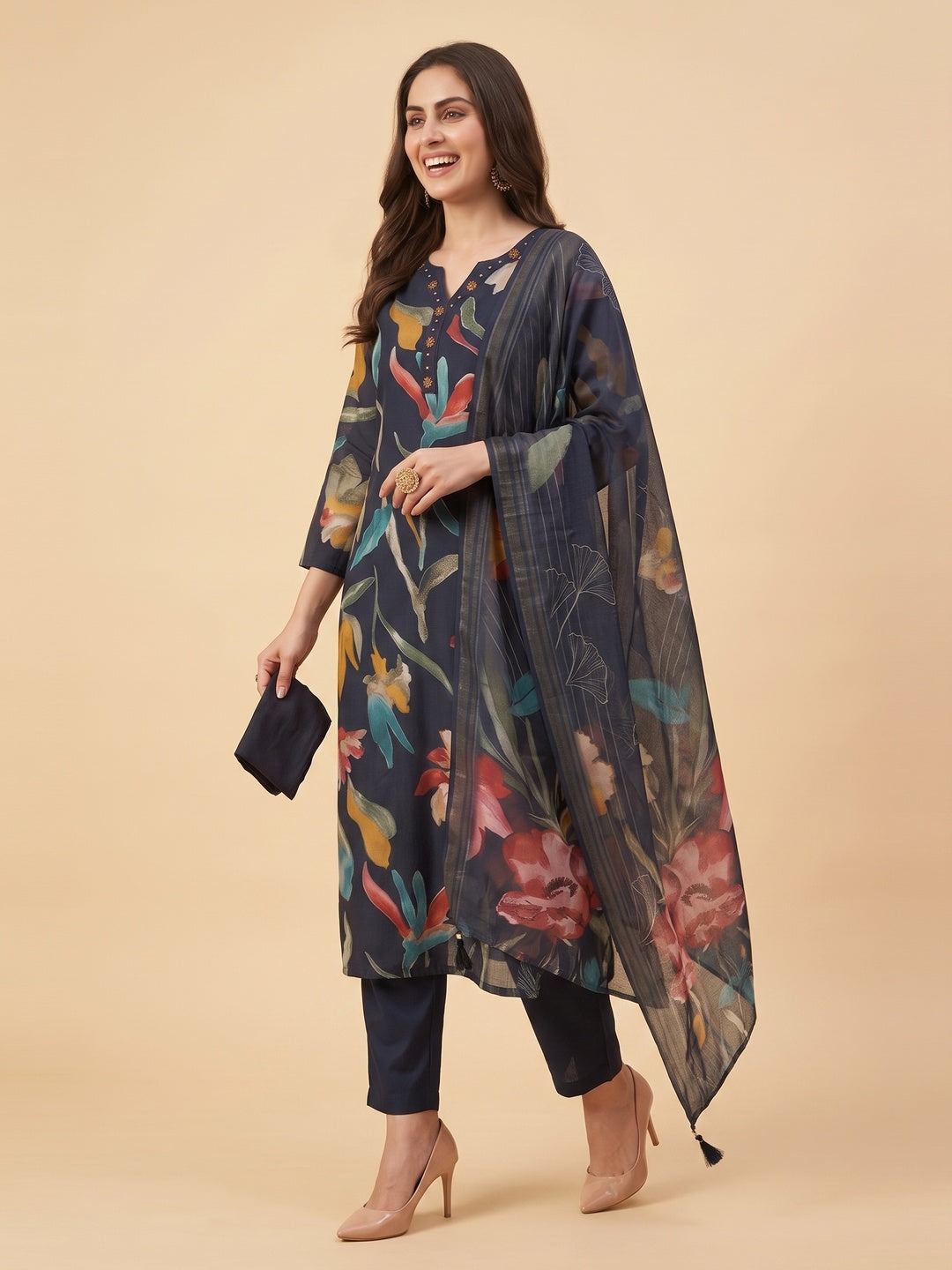 Navy Blue All Over Floral Viscose Rayon Straight Kurta Set Festive Glam - Image 7