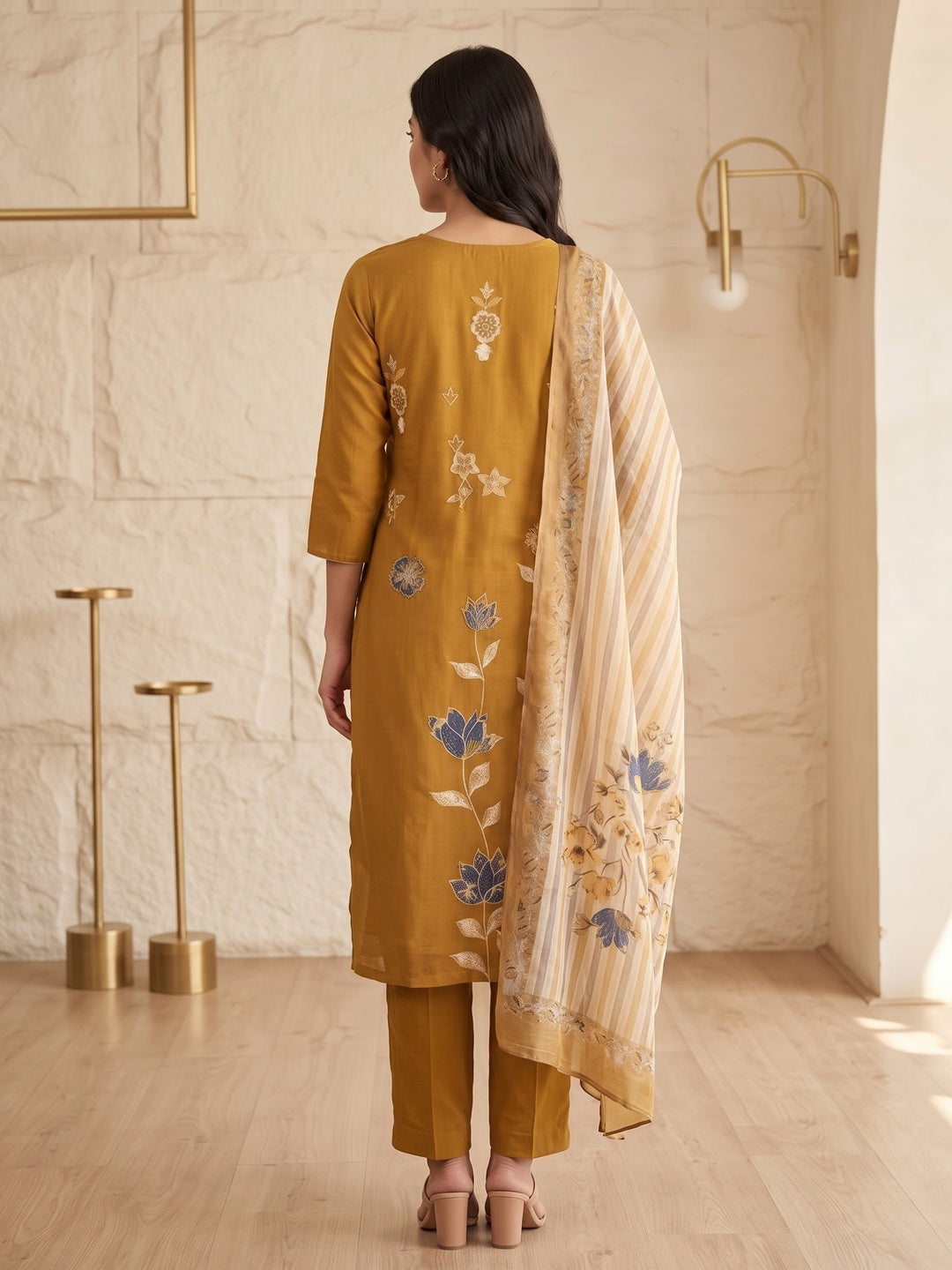 Mustard Mul Chanderi Embroidered Salwar Suit Set - Image 4