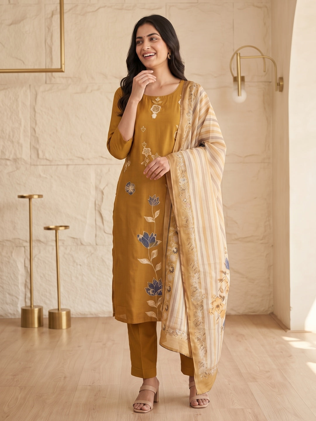 Mustard Mul Chanderi Embroidered Salwar Suit Set - Image 6