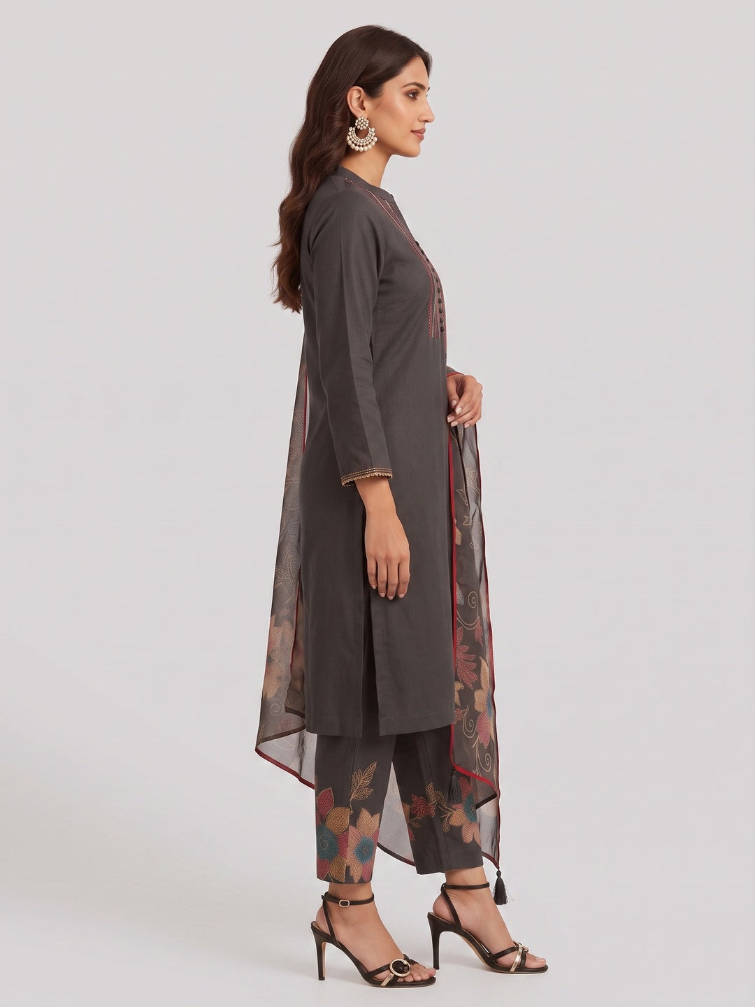 Grey Straight Salwar Suit in Viscose with Neck Embroidery Accents - Image 5