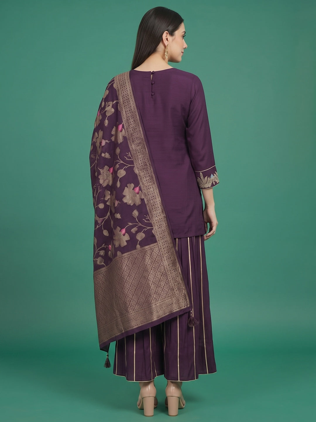 Wine Twill Satin Sharara Suit with Intricate Hand Embroidery - Image 6