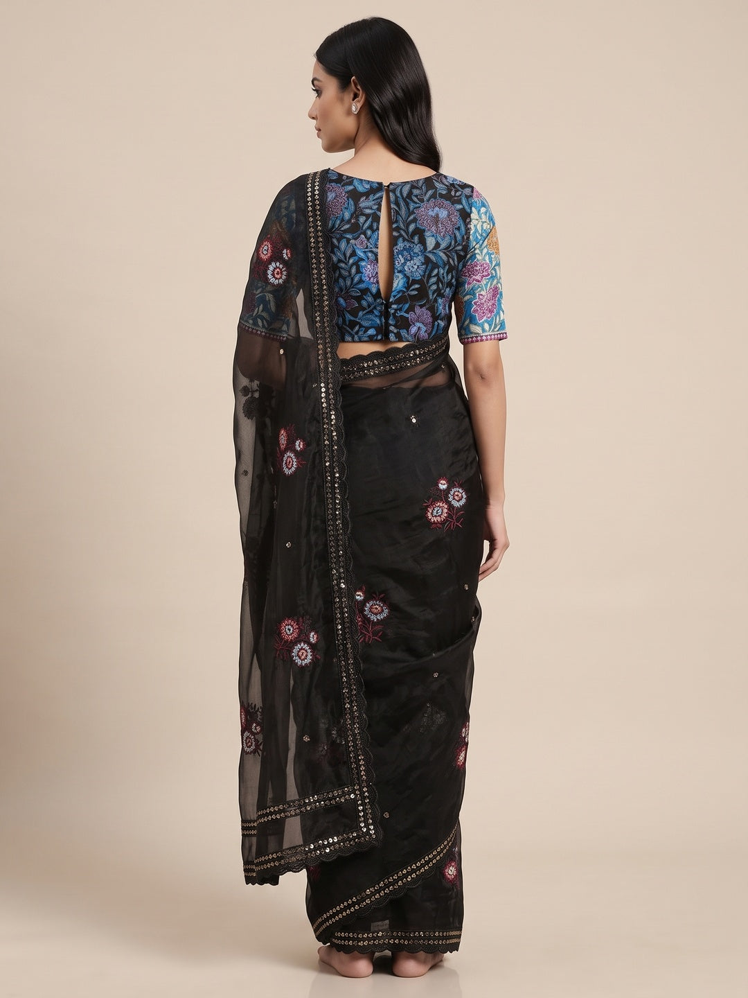Black Floral Sequins Embroidered Organza Saree for Special Occasions - Image 2