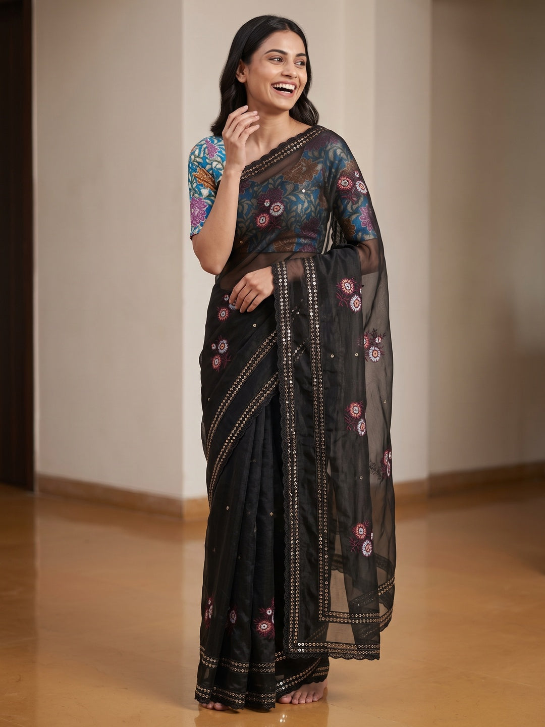Black Floral Sequins Embroidered Organza Saree for Special Occasions - Image 4