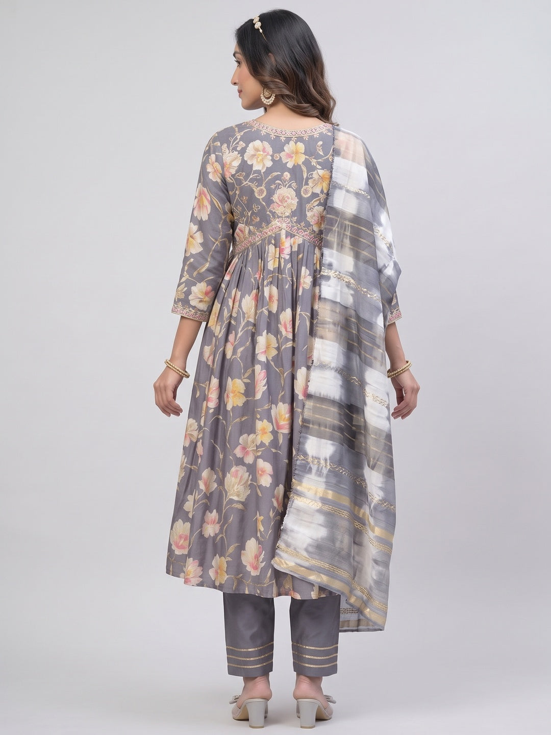 Grey Floral Printed Modal Anarkali Salwar Suit - Image 2