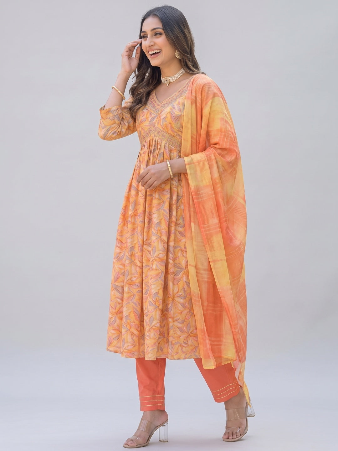 Yellow Floral Printed Modal Anarkali Salwar Suit - Image 7
