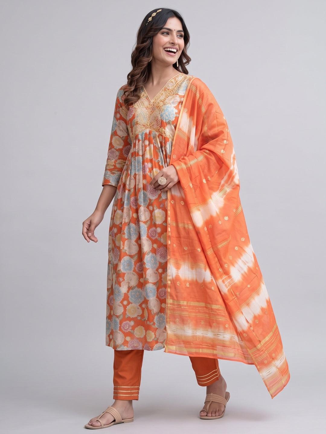 Orange Floral Printed Modal Anarkali Salwar Suit - Image 4