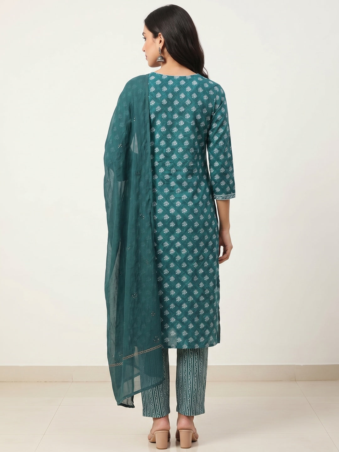 Teal Green Floral Printed Pure Cotton Salwar Suit - Image 5