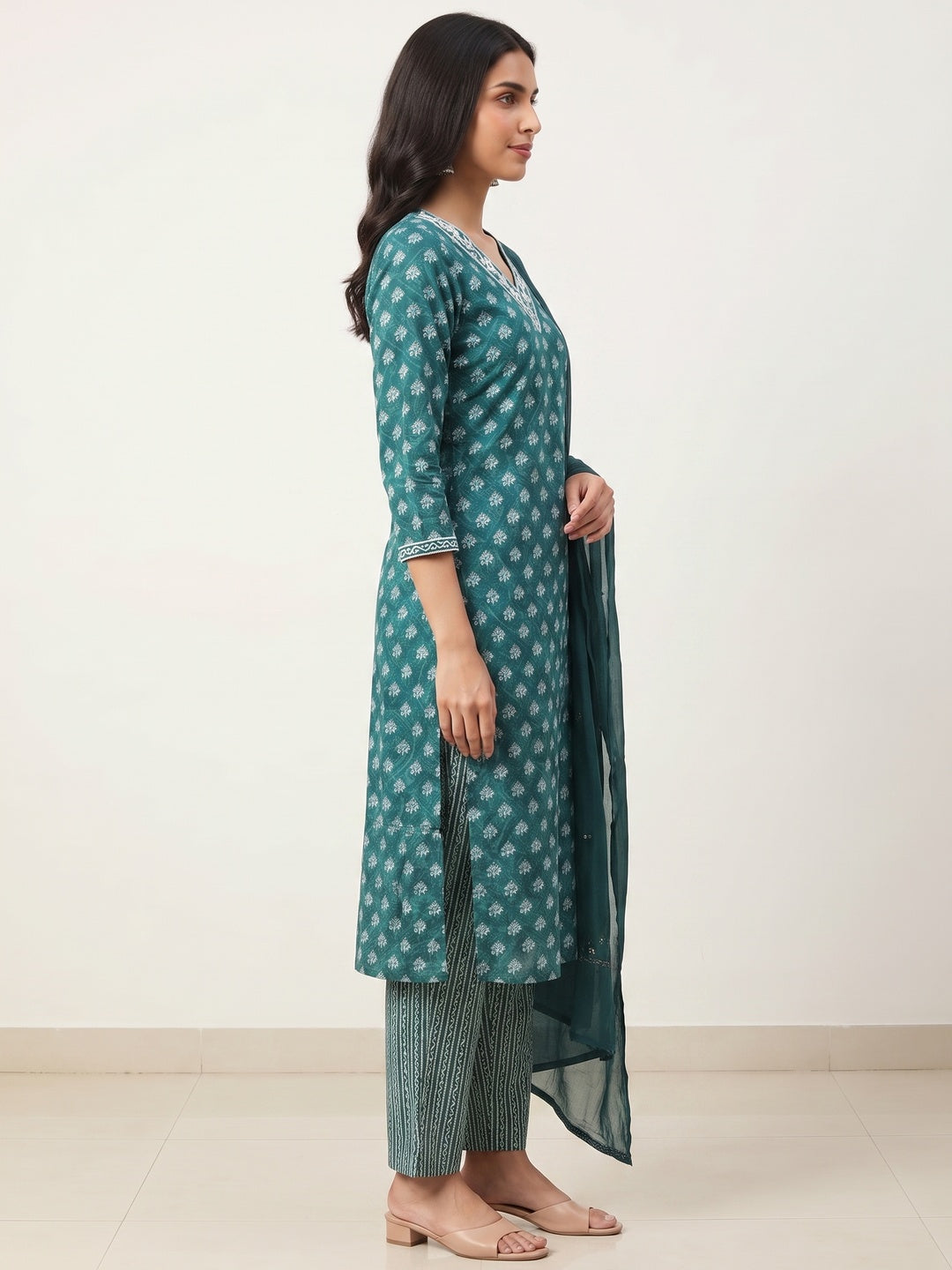 Teal Green Floral Printed Pure Cotton Salwar Suit - Image 6