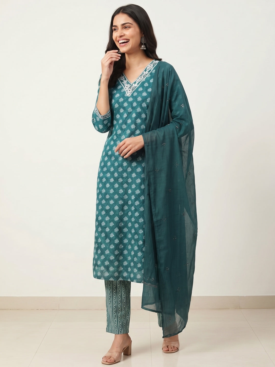 Teal Green Floral Printed Pure Cotton Salwar Suit - Image 7
