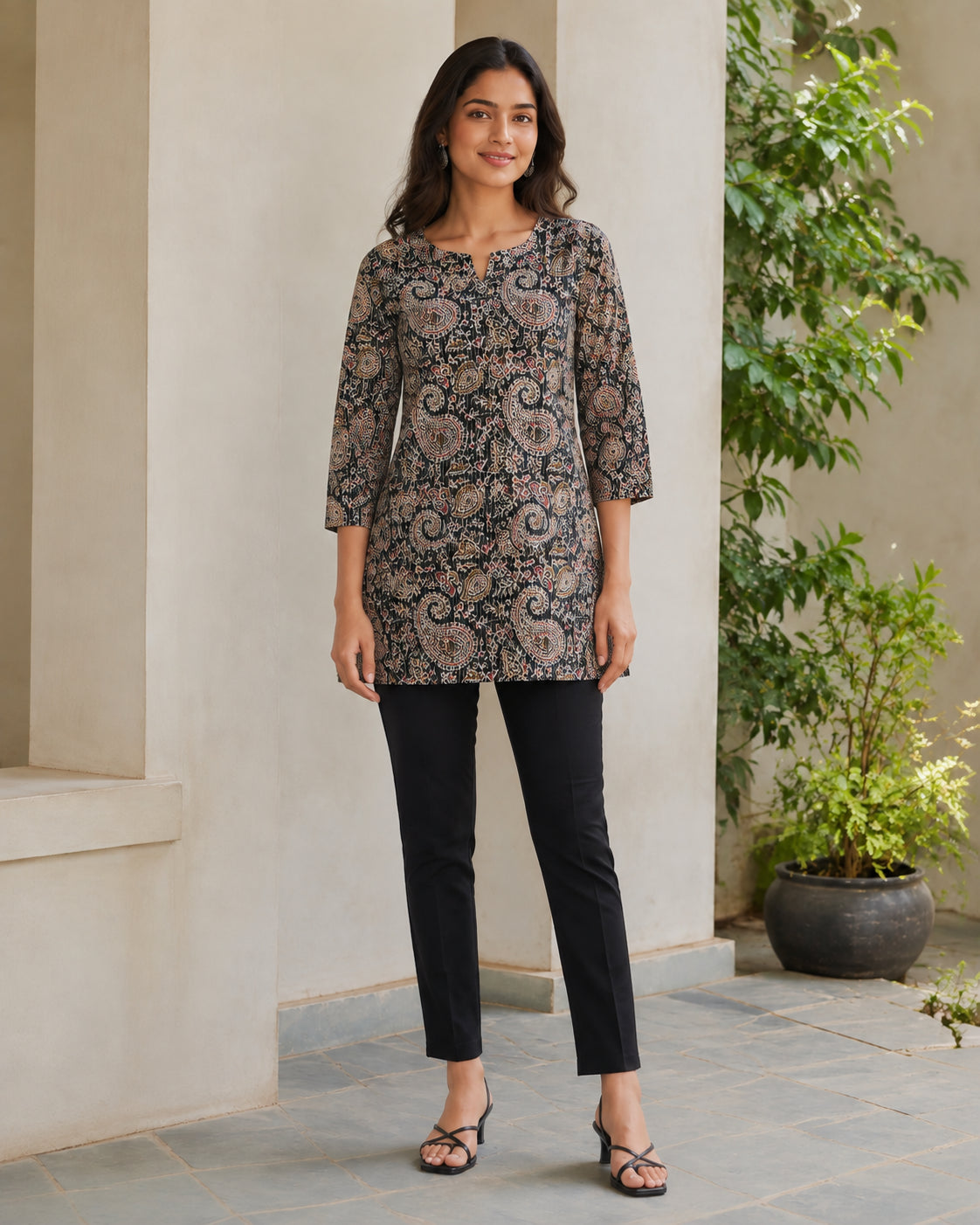 Peachmode Black Cotton Paisley Printed Top - Image 2