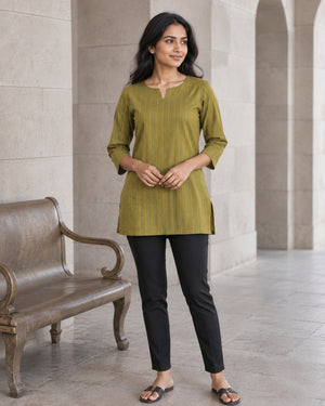 Peachmode Green Cotton Woven Striped Top - Image 1