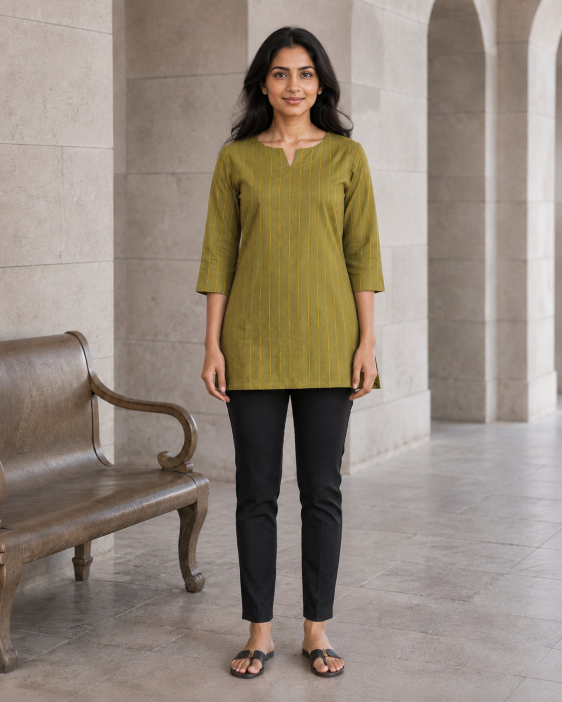 Peachmode Green Cotton Woven Striped Top - Image 2