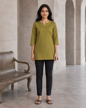Peachmode Green Cotton Woven Striped Top - Image 2
