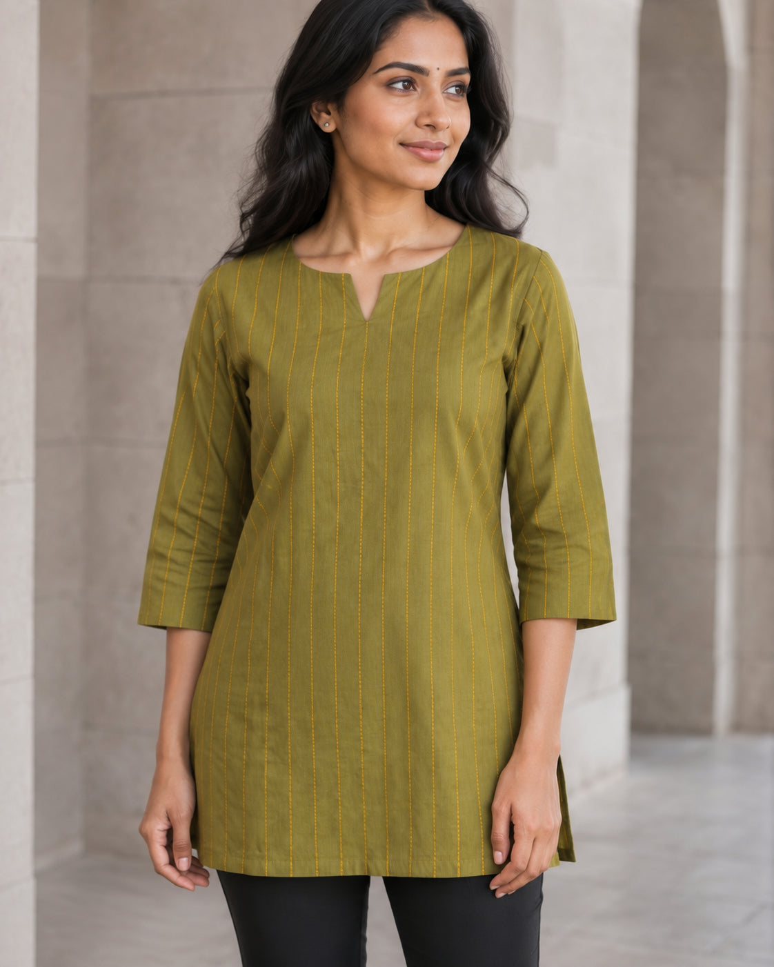Peachmode Green Cotton Woven Striped Top - Image 5