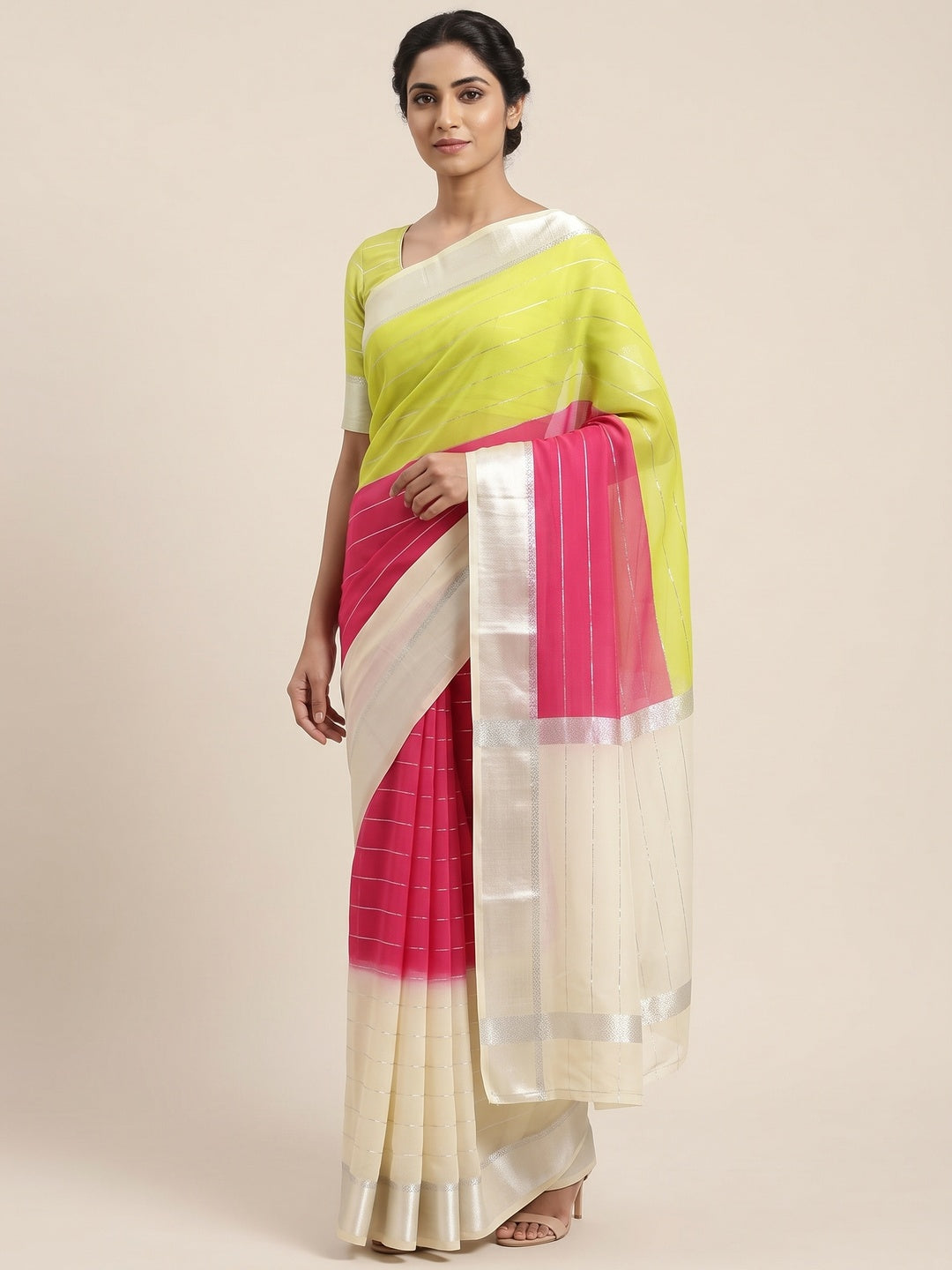 Multicolor Geometric Weaving Georgette Saree - Image 1