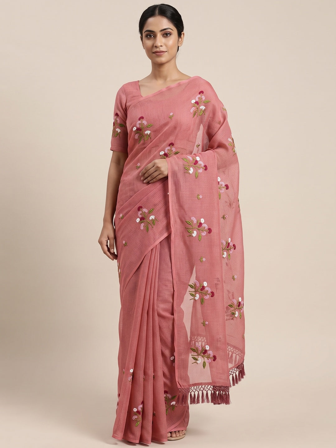 Peach Floral Embroidered Kota Doria Saree With Tassels - Image 1