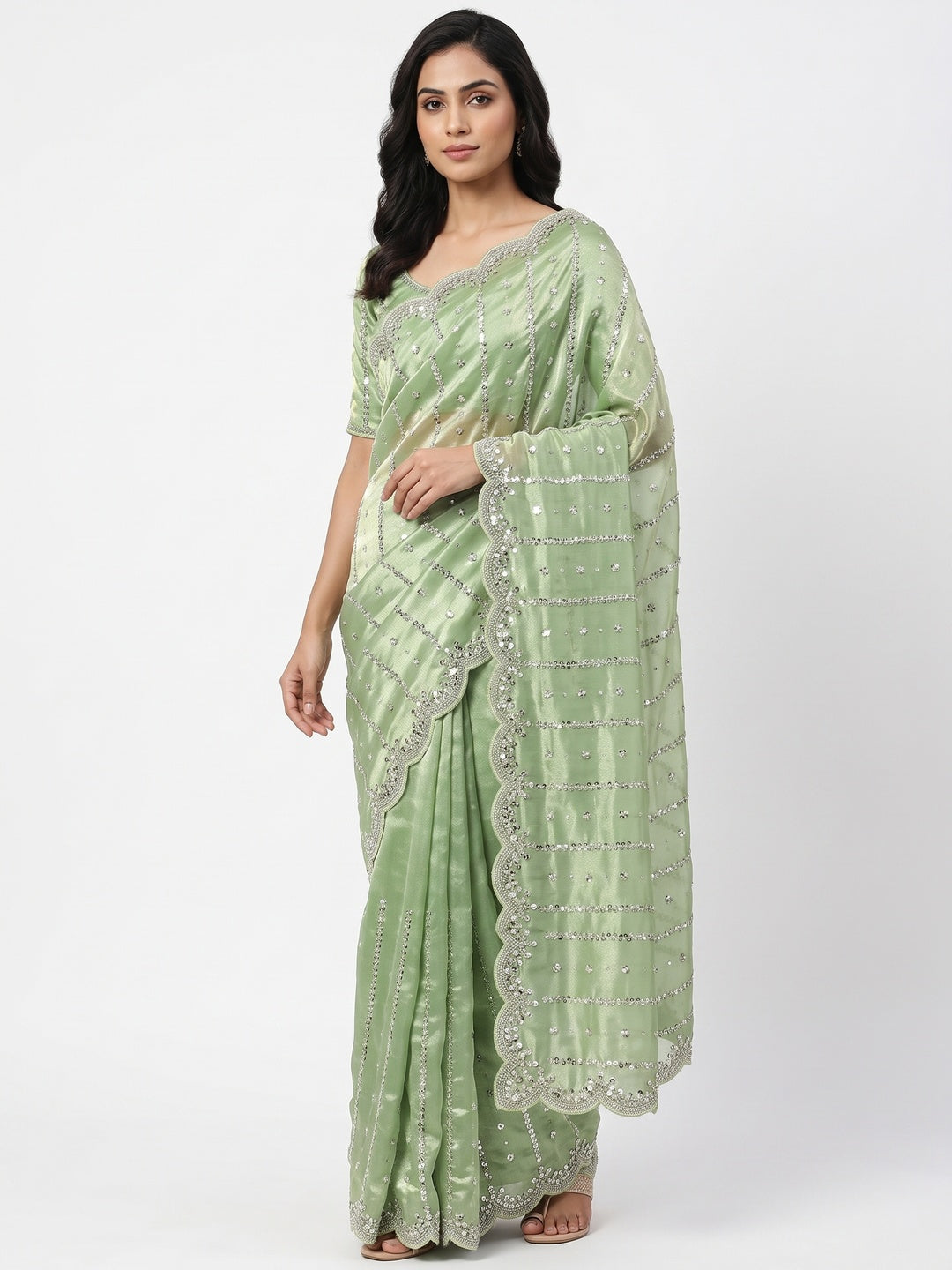 Green Designer Satin Partywear Saree Enhanced with Sparkling Sequins Work - Image 1
