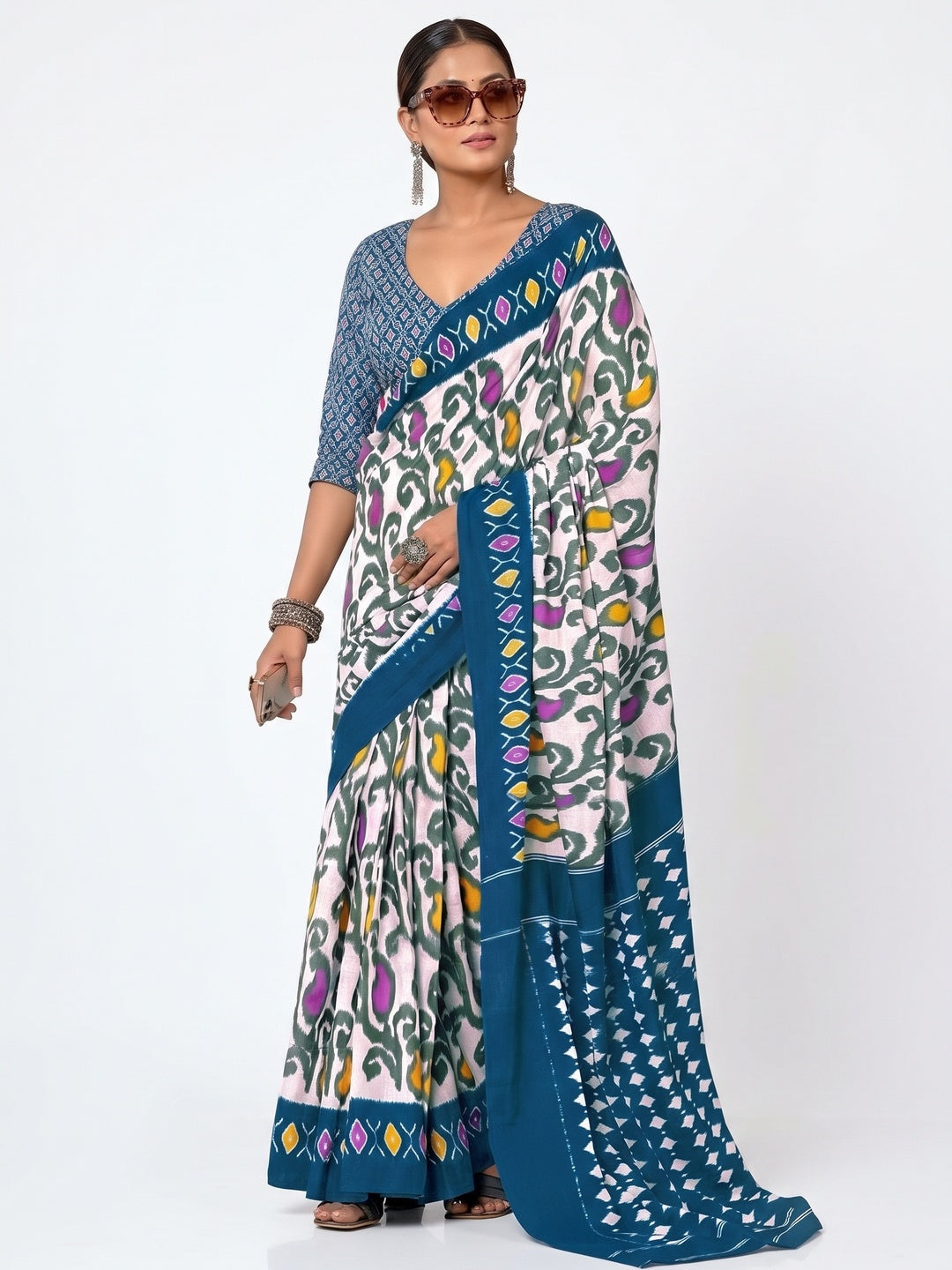 Charming Blue & White Ikkat Printed Mulmul Cotton Saree With Subtle Work - Image 5