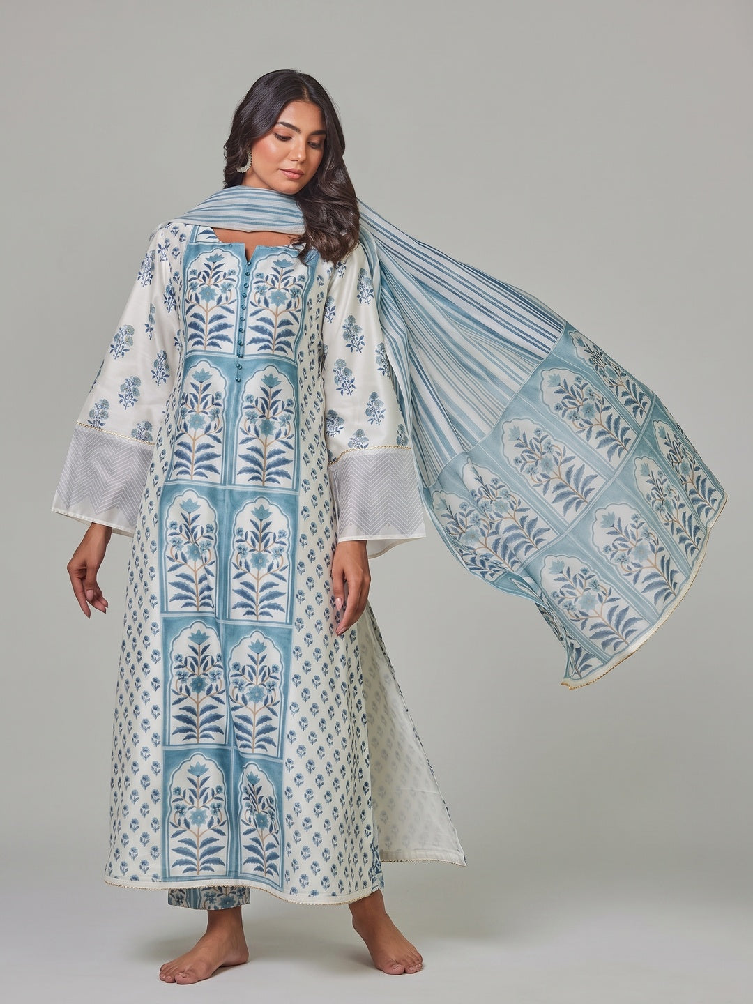 5Cream & Blue Floral Printed Pure Cotton Straight Salwar Suit - Image 2
