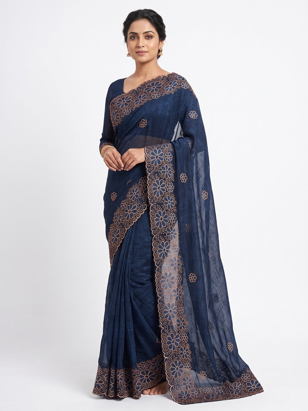 Blue Partywear Saree in Soft Chiffon with Intricate Floral Embroidery - Image 1