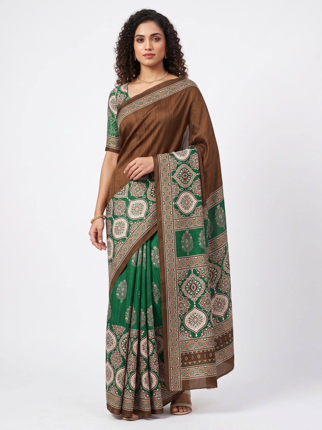 Brown Premium Crepe Silk Lightweight Saree Adorned with Classic Ajrakh Patterns - Image 1