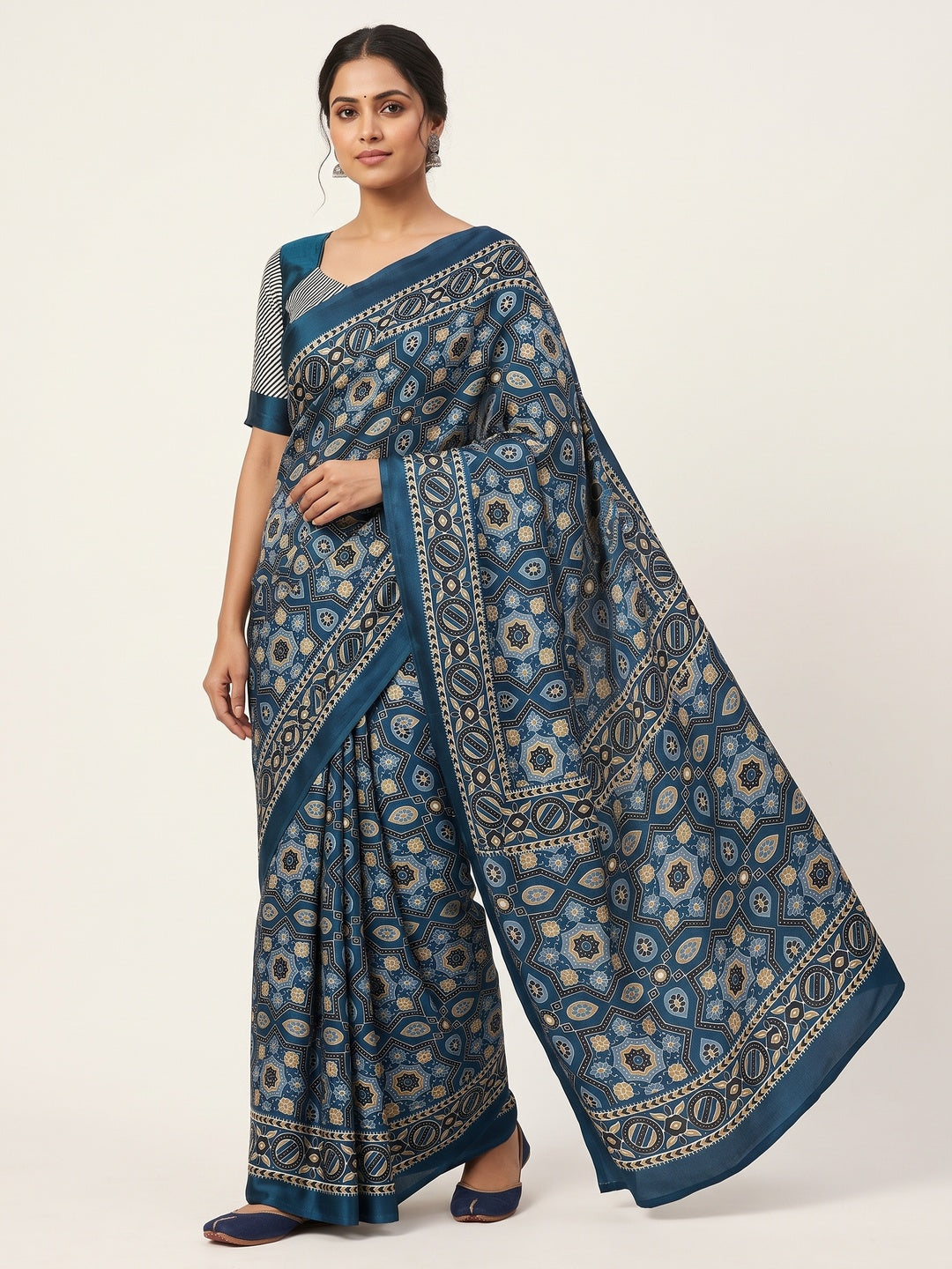 Modern Style Teal Ajrakh Printed Crepe Silk Saree for Elegant Party Occasions - Image 1