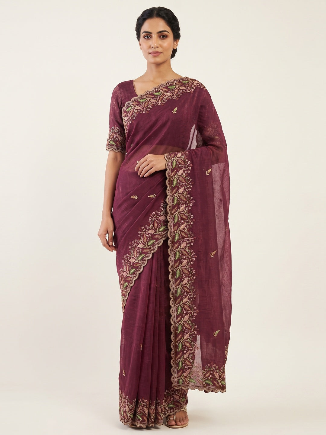 Mesmerizing Maroon Chiffon Saree Showcasing Artistic Floral Embroidery For A Luxurious Appeal - Image 1
