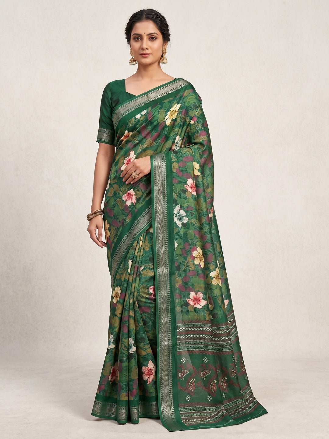 Green Chanderi Silk Saree with Floral Motifs and Border - Image 4