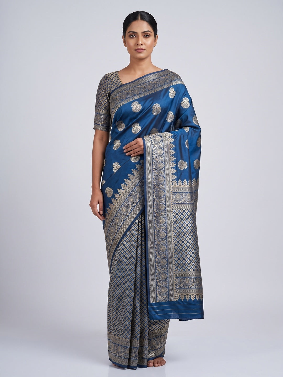 Morpich Blue Floral Woven Lichi Banarasi Silk Saree - Image 1