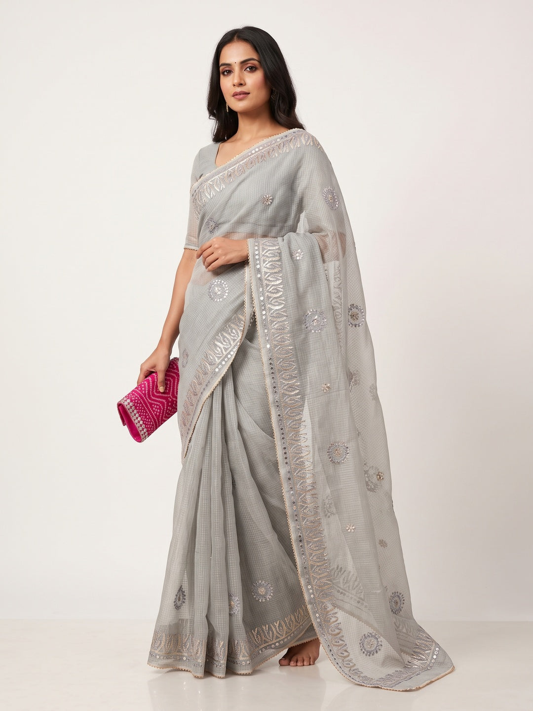 Grey Festive Kota Doria Saree Decorated with Classic Gota Work Embroidery - Image 1