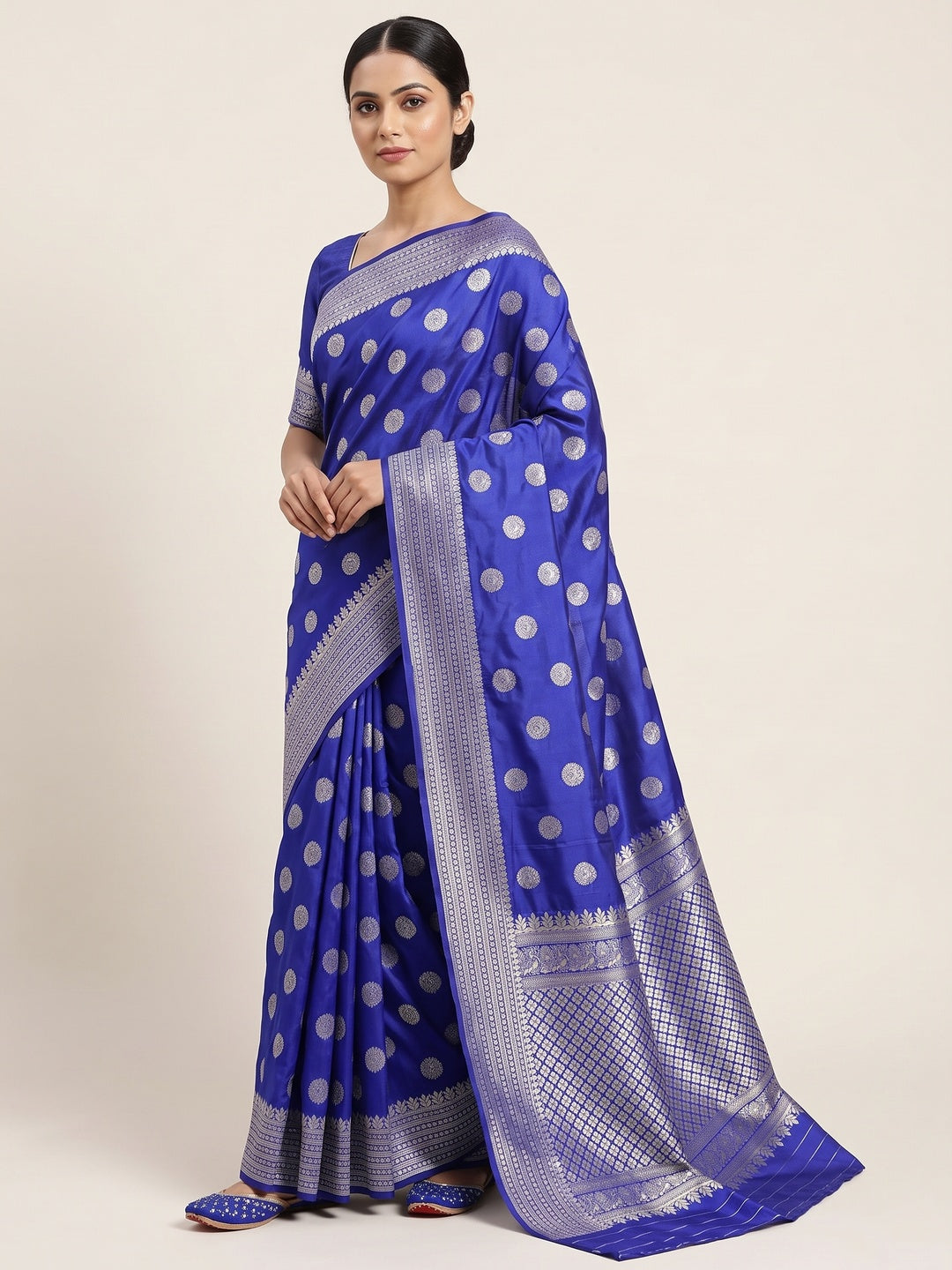 Royal Blue Floral Woven Lichi Banarasi Silk Saree - Image 1