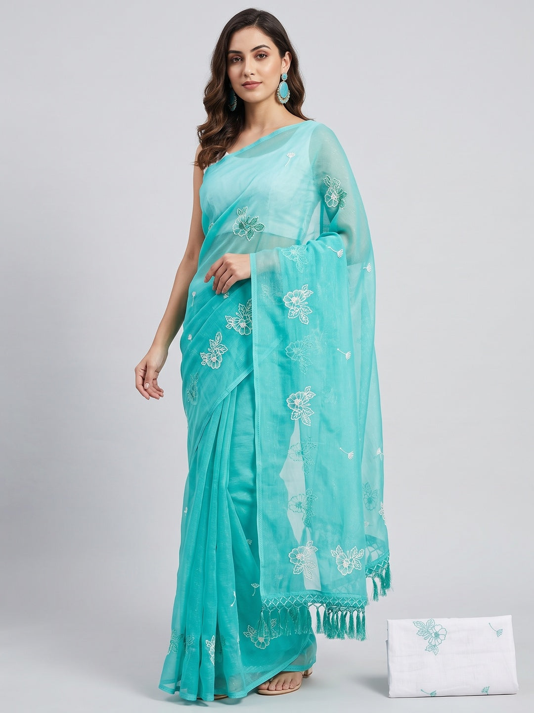 Designer Turquoise Chiffon Saree with Intricate Floral Embroidery - Image 1