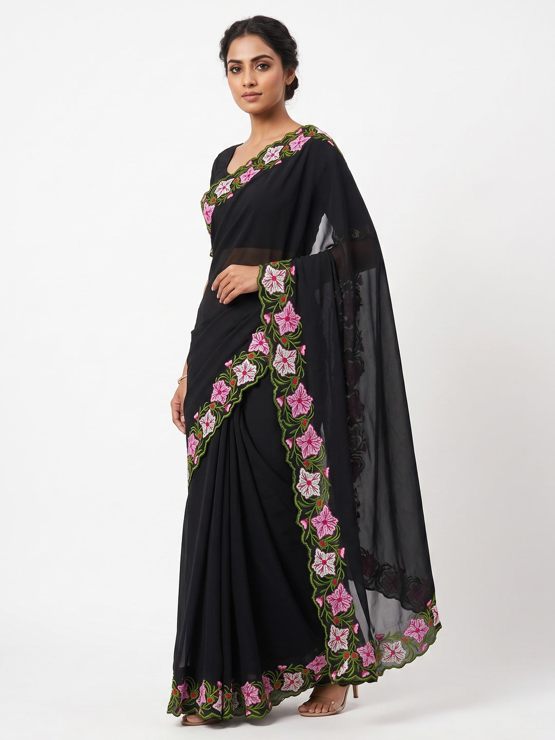 Black Faux Georgette Saree Featuring Minimalist Floral Border Embroidery - Image 1