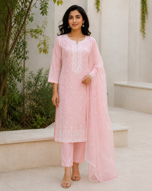 Peachmode Pink Chanderi Silk Floral Embroidered Salwar Suit - Image 2