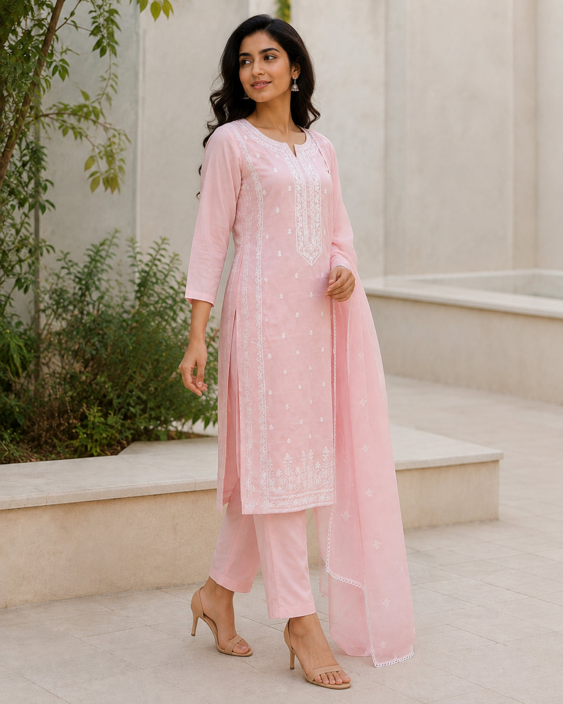 Peachmode Pink Chanderi Silk Floral Embroidered Salwar Suit - Image 3