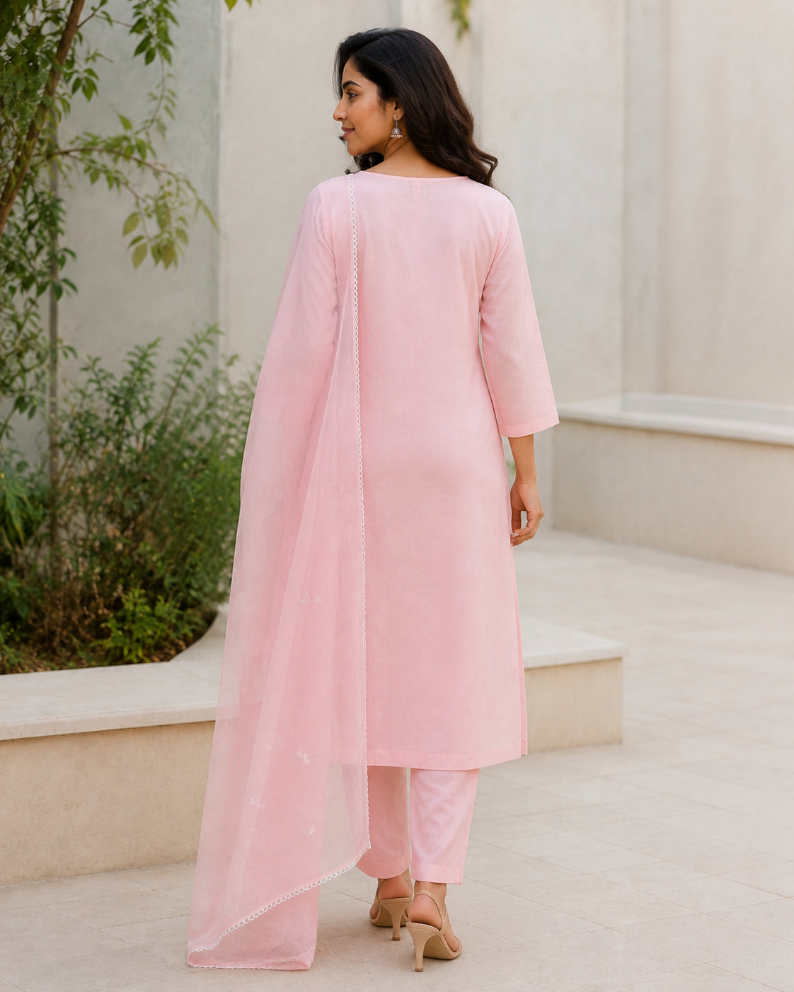 Peachmode Pink Chanderi Silk Floral Embroidered Salwar Suit - Image 4
