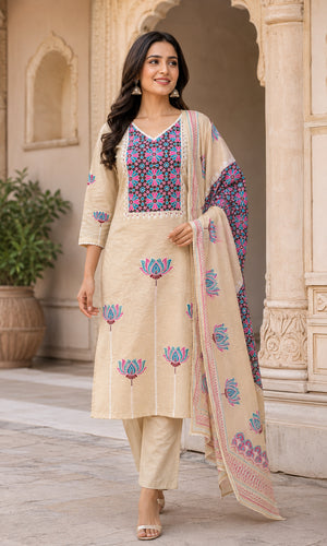 Peachmode Beige Cotton Floral Printed Salwar Suit - Image 1